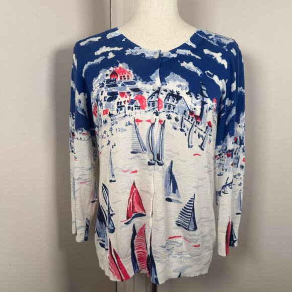 Talbots Sailboat Regatta Cardigan Sweater Cotton Knit Nautical Island Coastal M - Picture 1 of 6